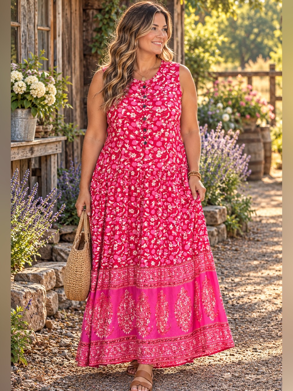 R. Vivimos Boho Sleeveless Pink Floral Maxi Dress Size Large 12/14 NWOT
